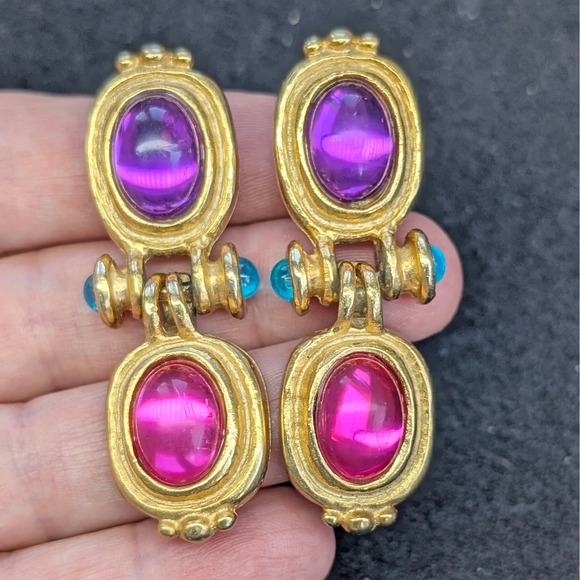 Vintage Mogul Earrings Etruscan Style, Statement Pink & Purple Earrings - Picture 4 of 5
